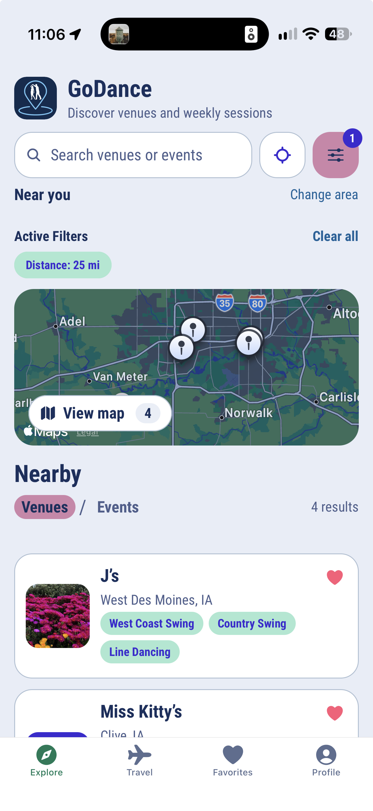 Actual GoDance Explore screen in light mode, showing test listings